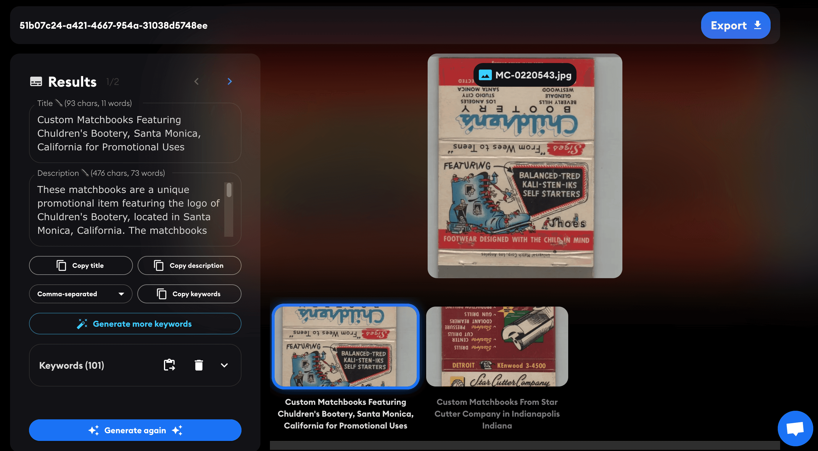 More matchbook cover listings generated by ShopTag.ai
