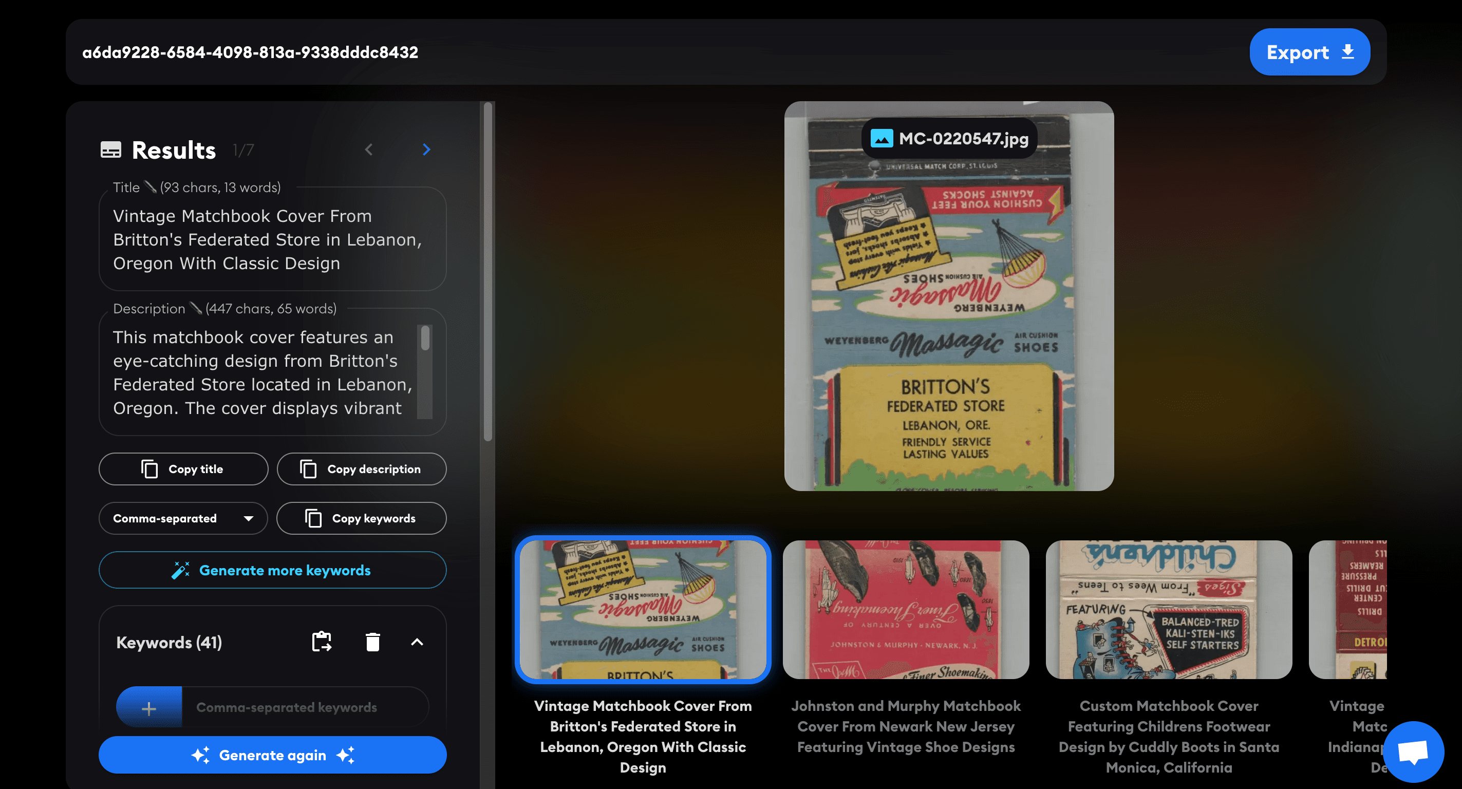 Matchbook cover listings generated by ShopTag.ai
